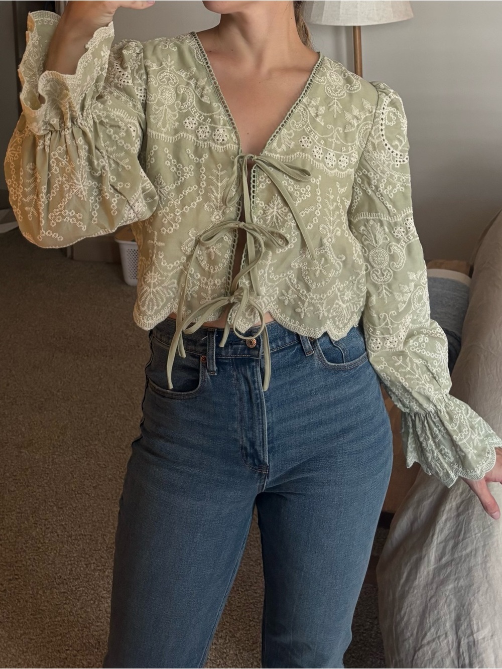 Tie-Front Lace Embroidered Blouse in Sage Green